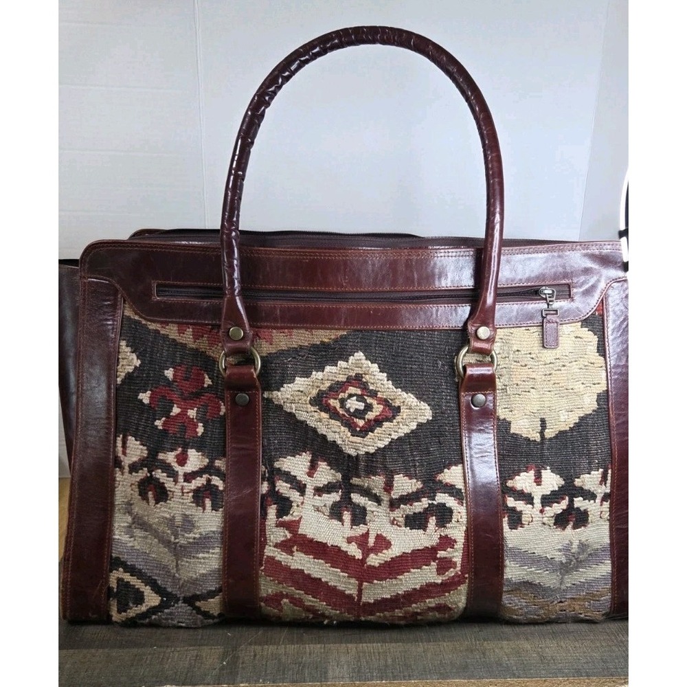Kilim Art Wool Turkish Weekender Carpet Bag Burgundy Leather Duffle 22x15x7